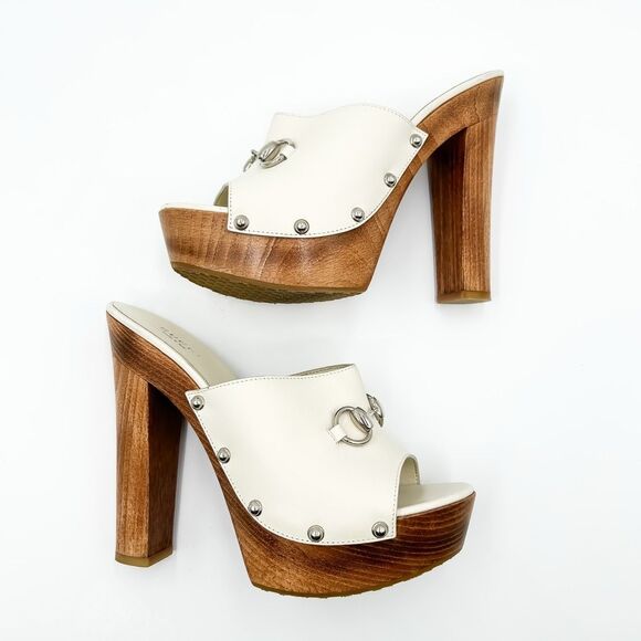 Gucci Horsebit White Mules Platform Leather Wooden Heels Sandals 38.5, 8.5 - Picture 9 of 15